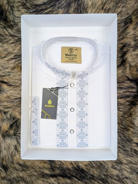 Classic White Panjabi with Intricate Blue Printed Placket and Cuffs.