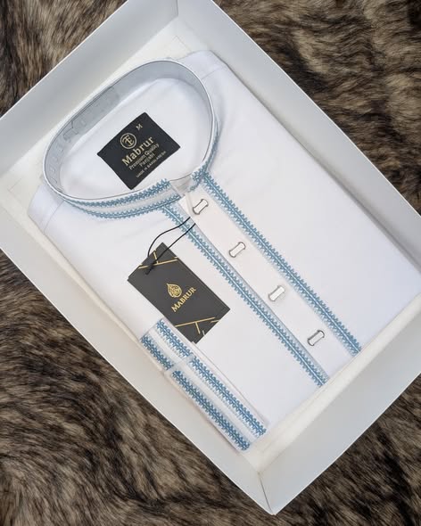 Elegant White Panjabi with Subtle Blue Embroidery