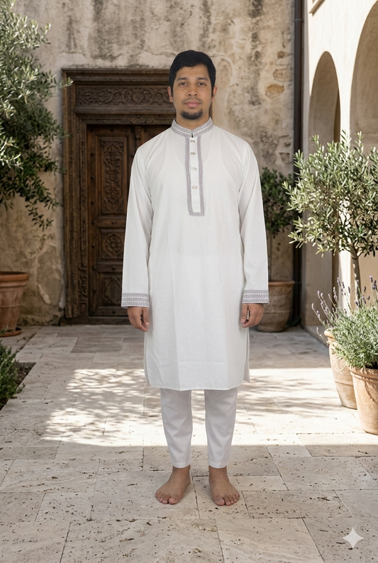 Elegant Men’s Panjabi in Architectural Courtyard