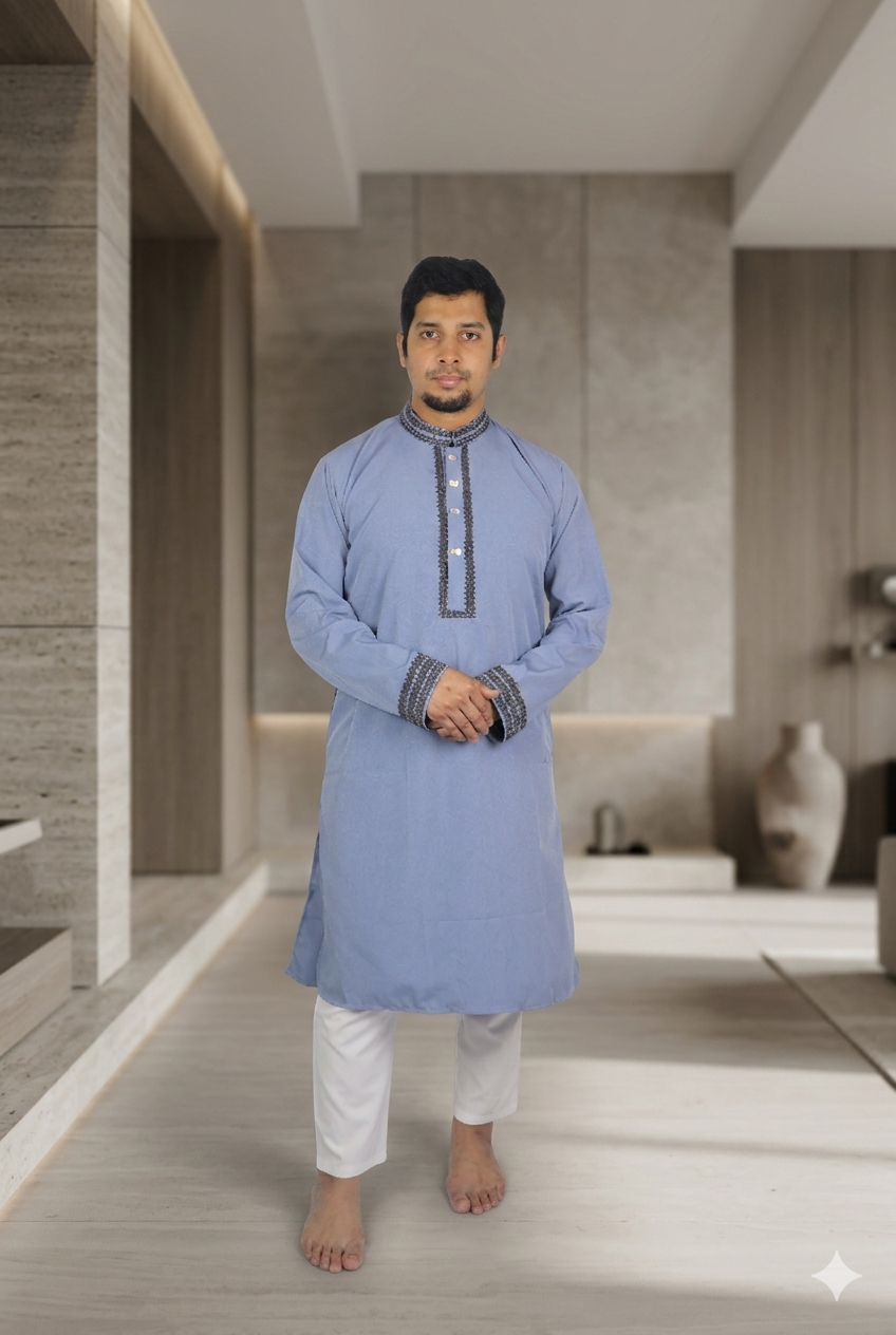 Elegant Men’s Panjabi in Architectural Courtyard