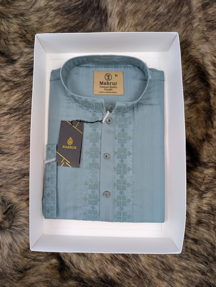 Classic White Panjabi with Intricate Blue Printed Placket and Cuffs.