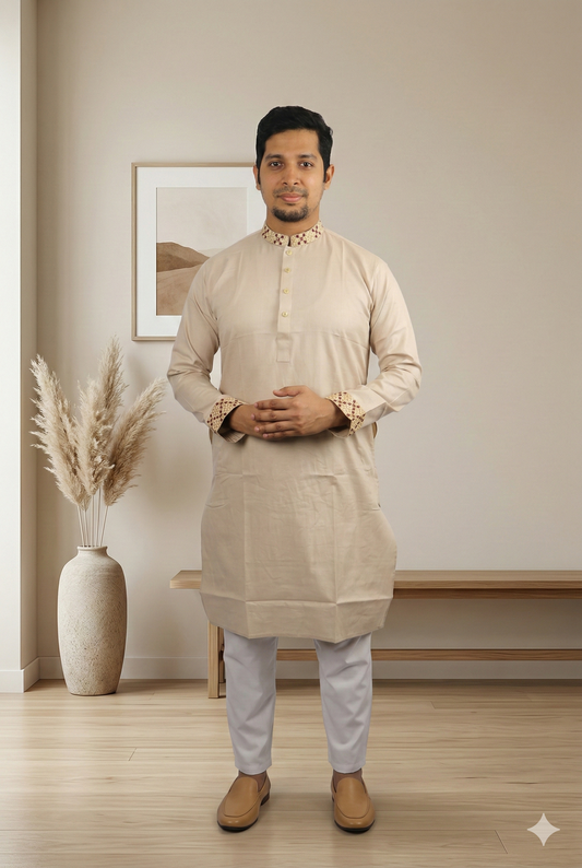 Elegance in Earth Tones: Men's Embroidered Panjabi