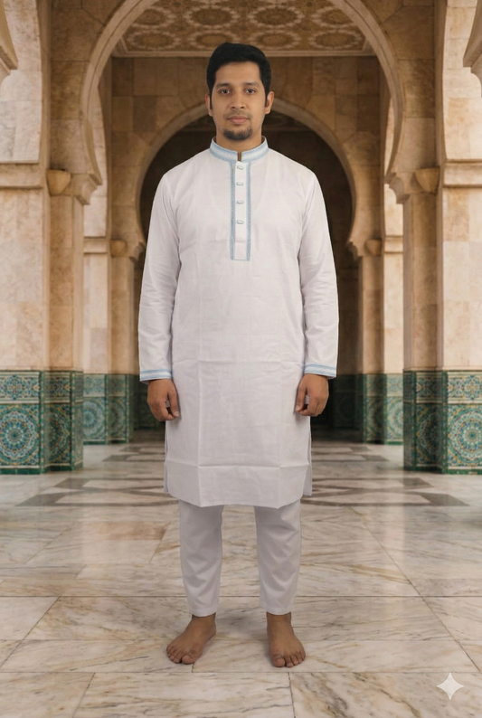 Elegant White Panjabi with Subtle Blue Embroidery