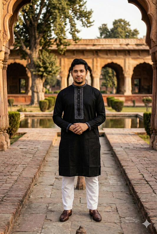 Elegant Men's Black Embroidered Panjabi