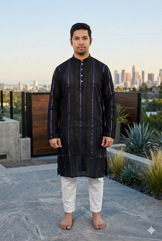 Classic Black Panjabi with Vertical Stripes