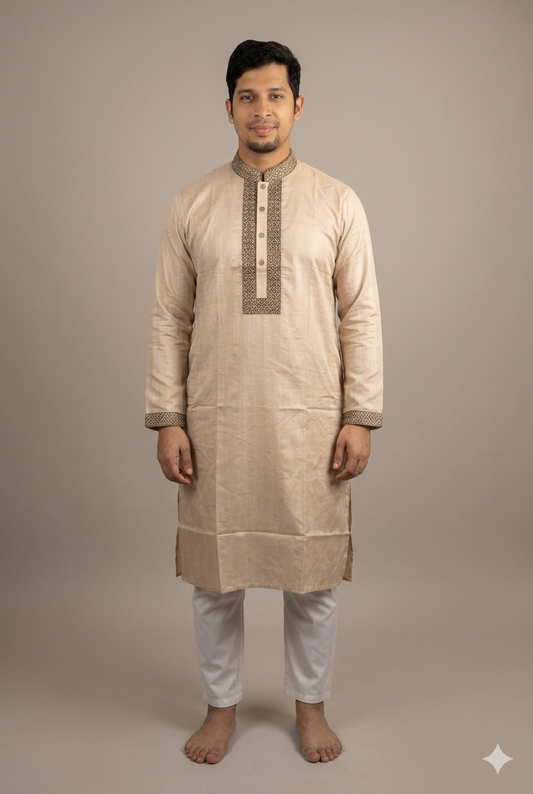 Elegant Beige Embroidered Panjabi