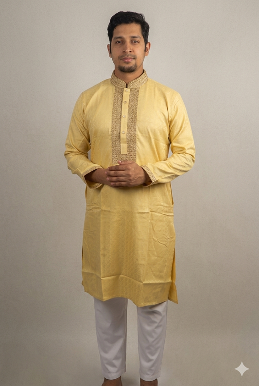 Elegant Men’s Pale Gold Panjabi with Intricate Embroidery