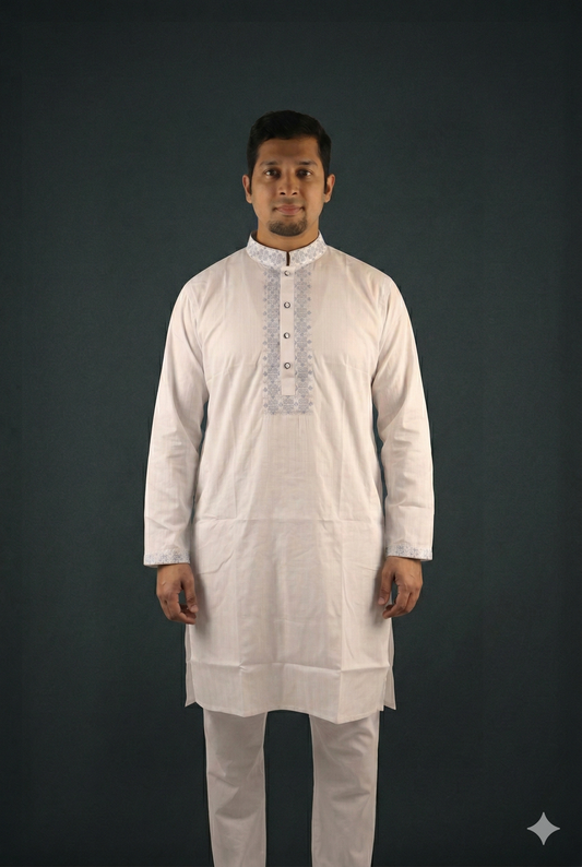Classic White Panjabi with Intricate Blue Printed Placket and Cuffs.