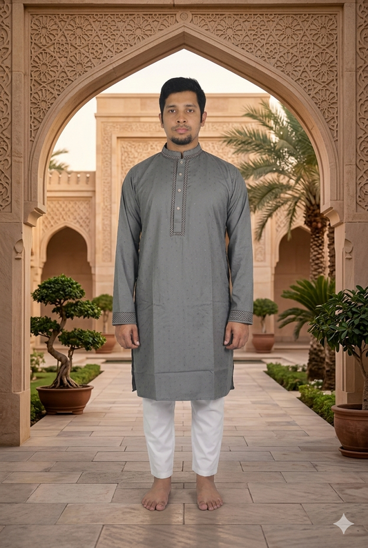 Elegant Men’s Panjabi in Architectural Courtyard