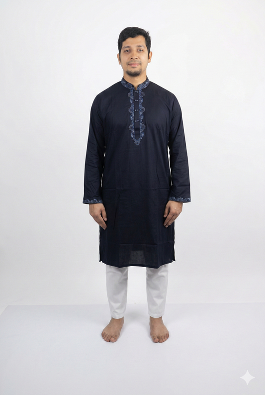 Elegant Navy Blue Embroidered Panjabi