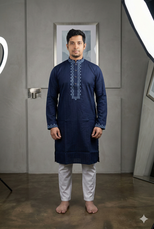 Elegant Navy Blue Embroidered Panjabi